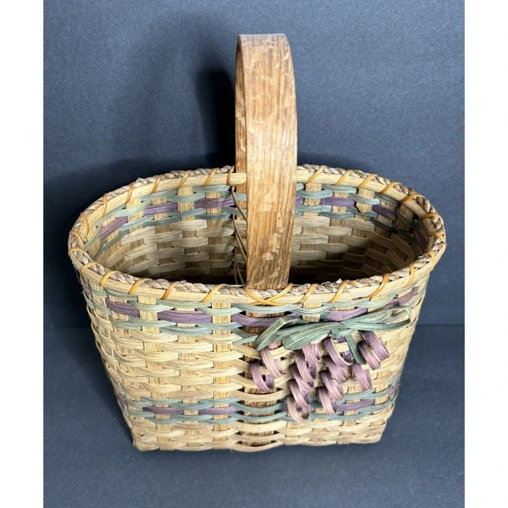 Vintage Handmade Split Wood Basket Divided Bow Design 14